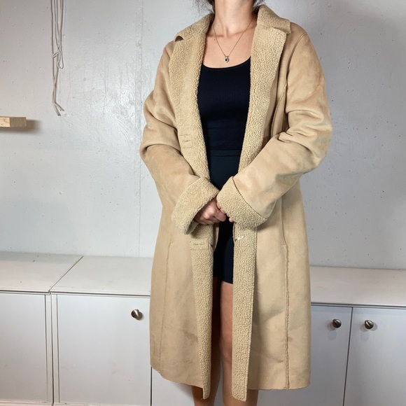 Old Navy Neutral Tan Penny Lane Faux Fur Lined Duster Full Length Coat - Picture 5 of 15